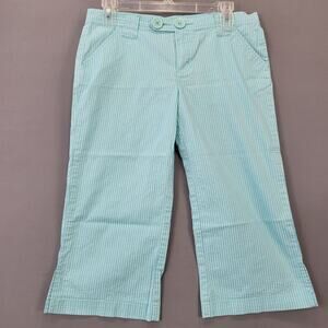 Split Light Blue White Striped Capri Pants Women Size 5 Juniors Stretch Wide Leg